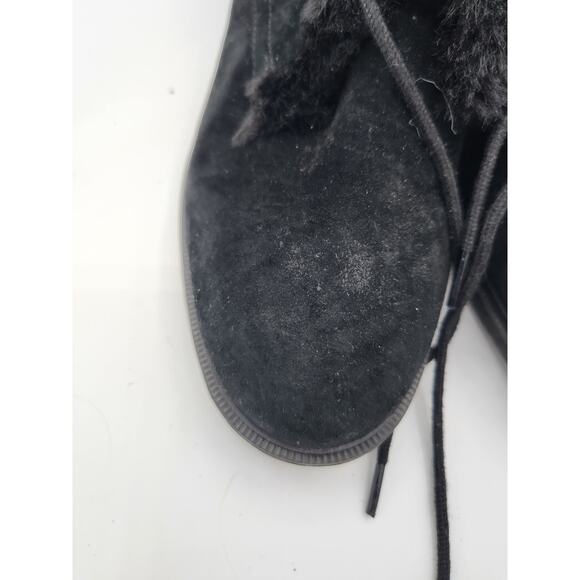 Black Suede Ankle Boots with Faux Fur Trim, Lace-Up Closure - Picture 9 of 15